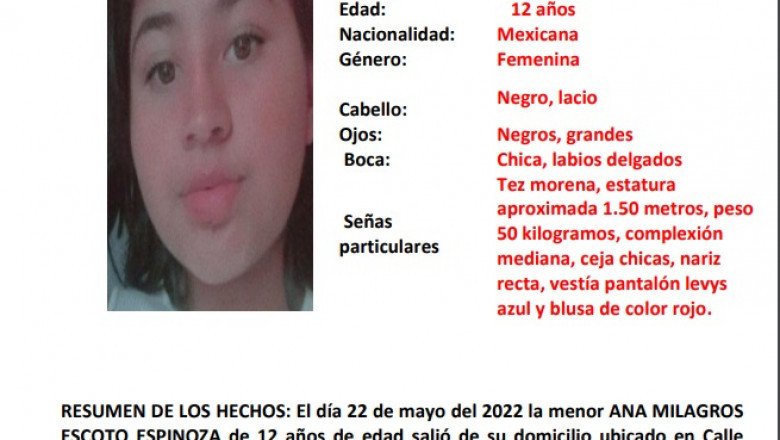 Buscan a la menor Ana Milagros Escoto de 12 años de edad